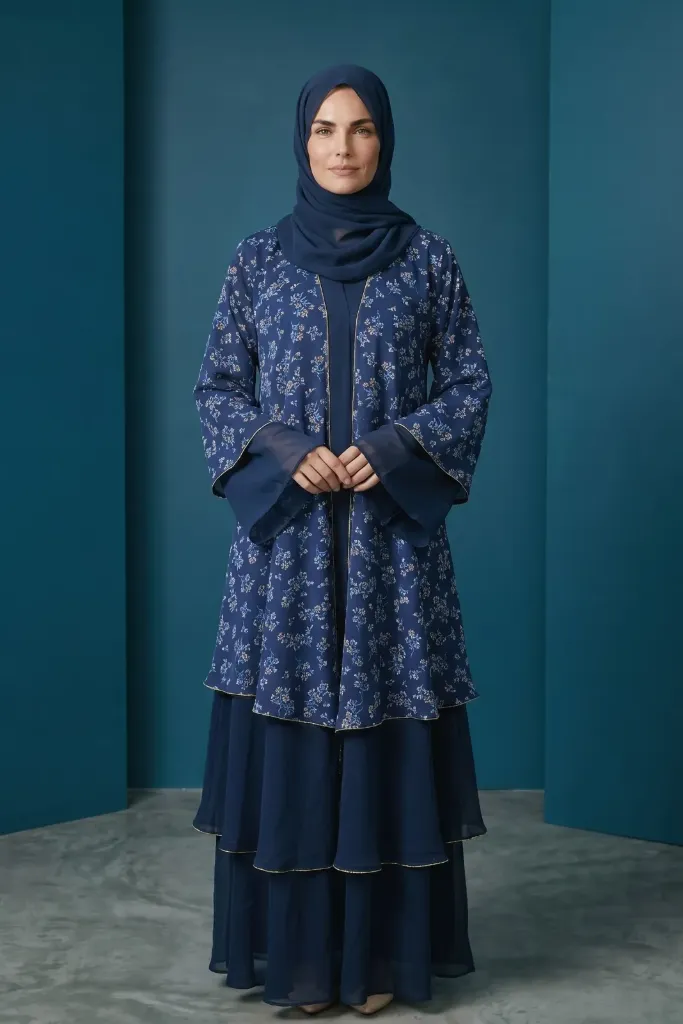 A graceful navy-blue abaya featuring delicate floral prints, flowing layered chiffon details, and a matching hijab for a timeless, sophisticated look.
