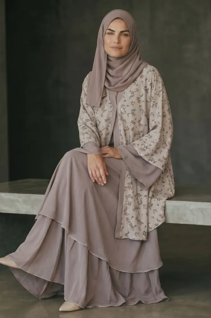 A graceful Dusty Mauve abaya featuring delicate floral prints, flowing layered chiffon details, and a matching hijab for a timeless, sophisticated look.